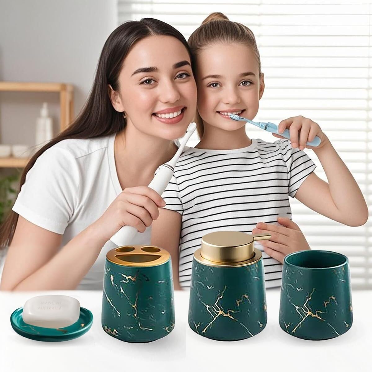 Set di accessori da bagno in ceramica con motivi vegetali, accessori con dispenser di sapone, piatto, bicchiere, decorazione per la casa, decorazione costiera (set da 4 pezzi, verde)