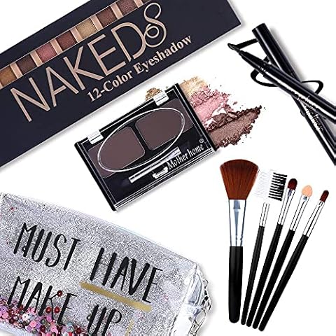 All in One Makeup Kit,12 Colors Nude Shimmer Eyeshadow Palette, Waterproof Black Eyeliner Pencil, Duo Pressed Eyebrow Powder Kit, 5 Brushes With Quicksand Cosmetic Bag Gift Set Cover