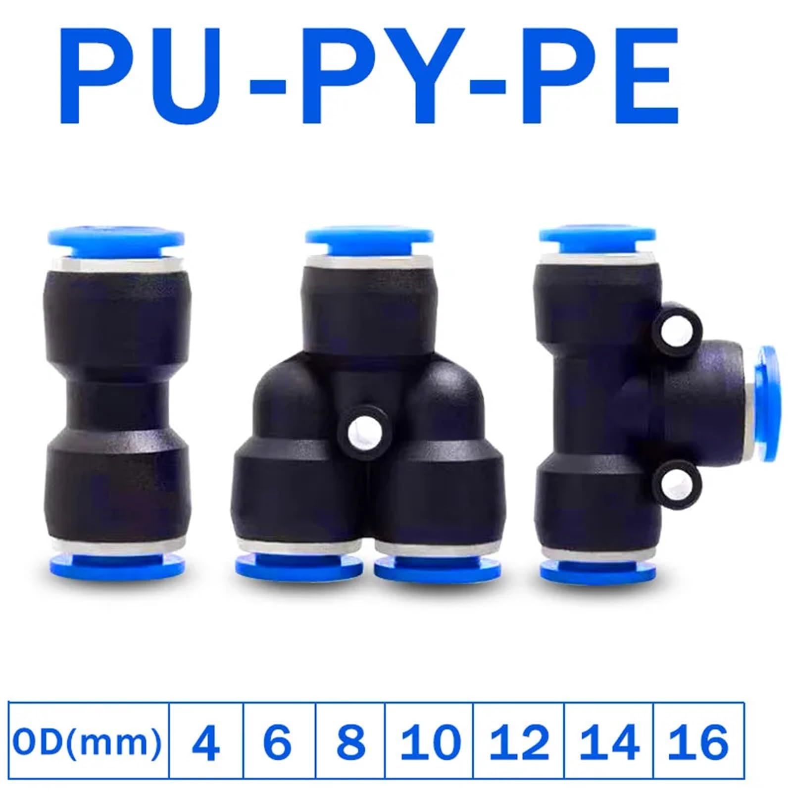 Conectores neumáticos de aire de 4, 6, 8, 10 y 12 mm, conexión rápida en T, 3 vías, de plástico, 100 unidades, PE, PU, ​​PG, PY, PW(6mm(100pcs),PE)