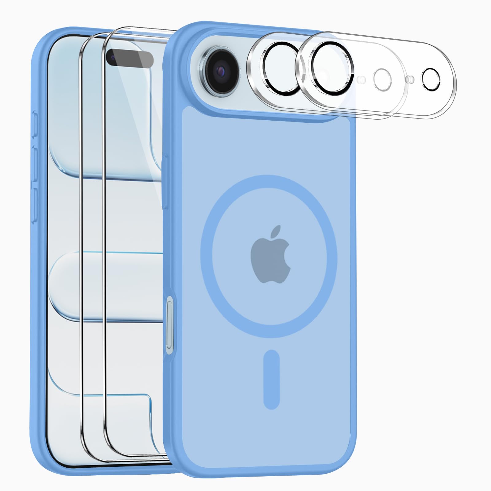 Magnetic Cover per iPhone Air Compatibile con 2 vetri temperati e 2 vetri per Fotocamera, Translucent Matte Slim Back PC+TPU Bumper Shockproof Compatible Magnetic Cover per iPhone 17 Air - Blu