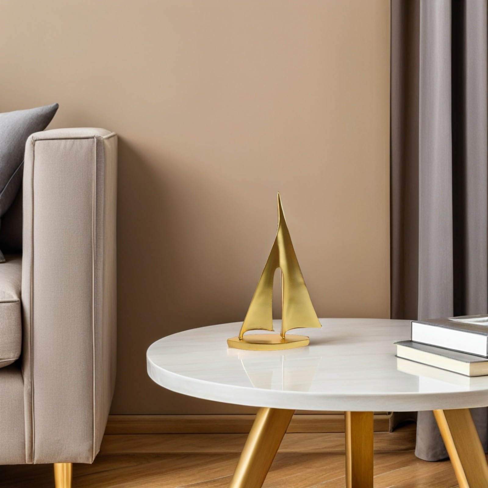 Escultura de Barco de Vela Dorado en Resina 2piezas, Decoración Moderna Náutica para Sala de Estar y Mueble, Diseño Elegante y Duradero
