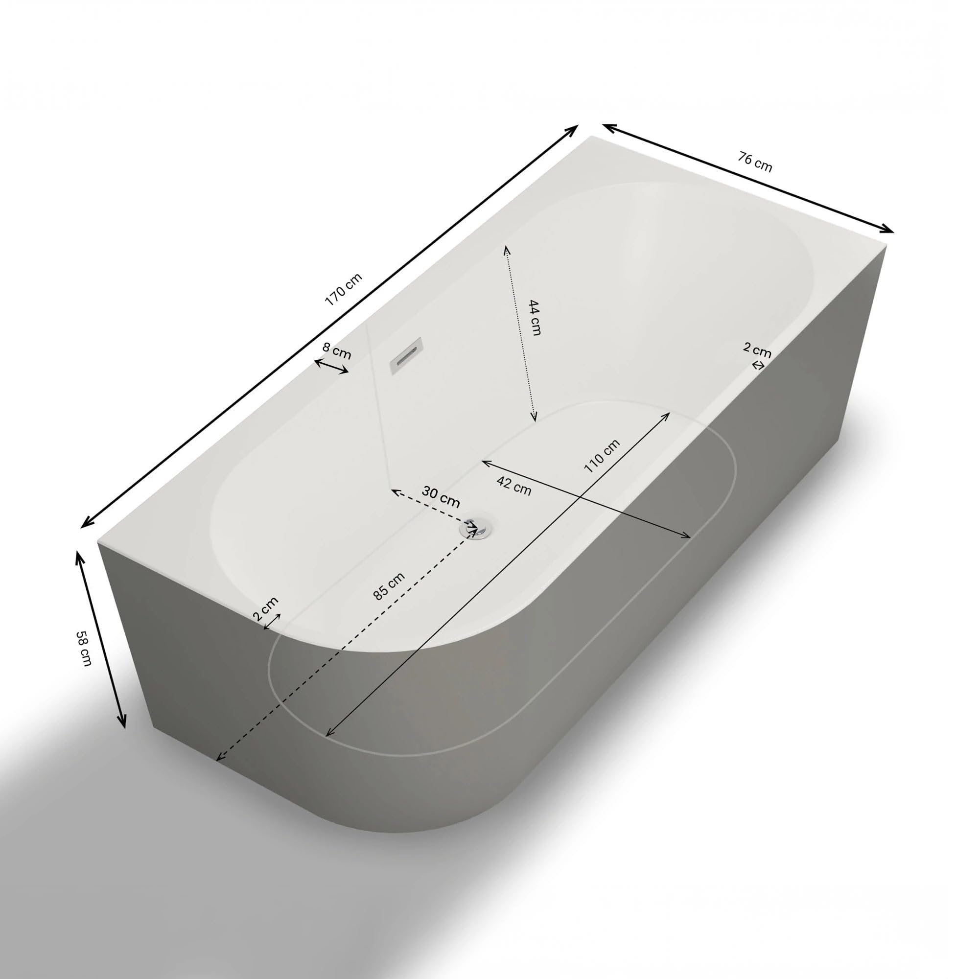 SPALINA Capri 170 Droite Grise - Bañera Semi-exenta Mural L. 170 x l. 76 cm