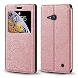 Shantime Sichtfenster-Lederhülle Kompatibel mit Nokia Lumia 735, Elegantes Design mit Klarsichtanzeige, Unsichtbarem Magnetverschluss & Kartenfach(Roségold)