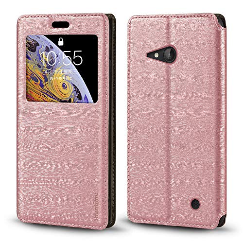 Shantime Sichtfenster-Lederhülle Kompatibel mit Nokia Lumia 735, Elegantes Design mit Klarsichtanzeige, Unsichtbarem Magnetverschluss & Kartenfach(Roségold)