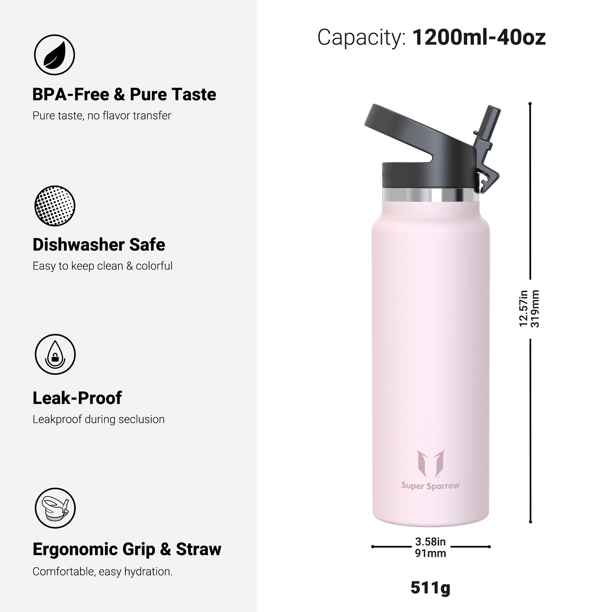 Super Sparrow Borraccia Termica - 500ml, 750ml, 1000ml, 1.2L, 1.5L- SwivelSip Inox Bottiglia - Senza BPA Borracce Termiche, Borraccia Ergonomica per Bambini, Sportiva, Bici, Campeggio, Palestra