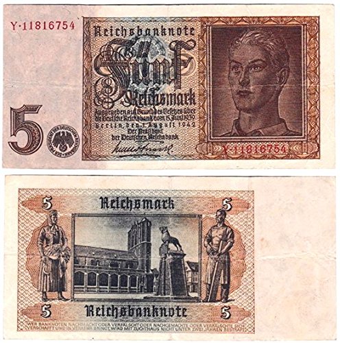1942 DE NAZI 5 MARK BILL w ARYAN TEEN (HITLER YOUTH), SWASTIKA - HISTORIC WW2 CURRENCY! 5 REICHSMARK