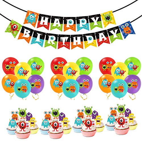 Monster Bash Party Decorations - Monster Birthday Balloons Happy Birthday Banner Cupcake Toppers for Boys Monster Party Supplies