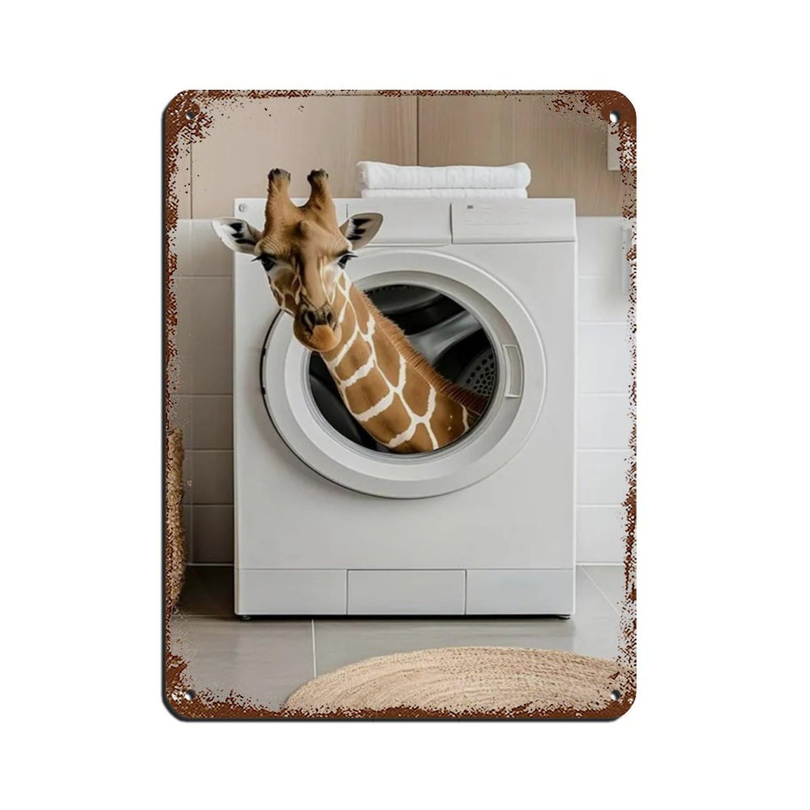 Giraffe in A Washing Machine, Funny Bathroom Art Retro Poster Metal Tin Sign Chic Art Retro Iron Painting Bar People Cave Cafe Family Garage Poster Wall Decoration 12x16inch(30x40cm)