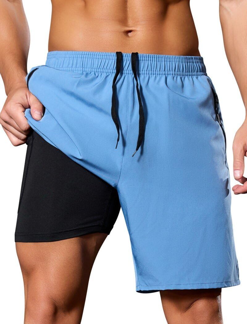 SILKWORLD Quick Dry Men's 2 in 1 Running Shorts with Zip Pocket 7" Workout Gym Athletic Shorts Lightweight Training Shorts