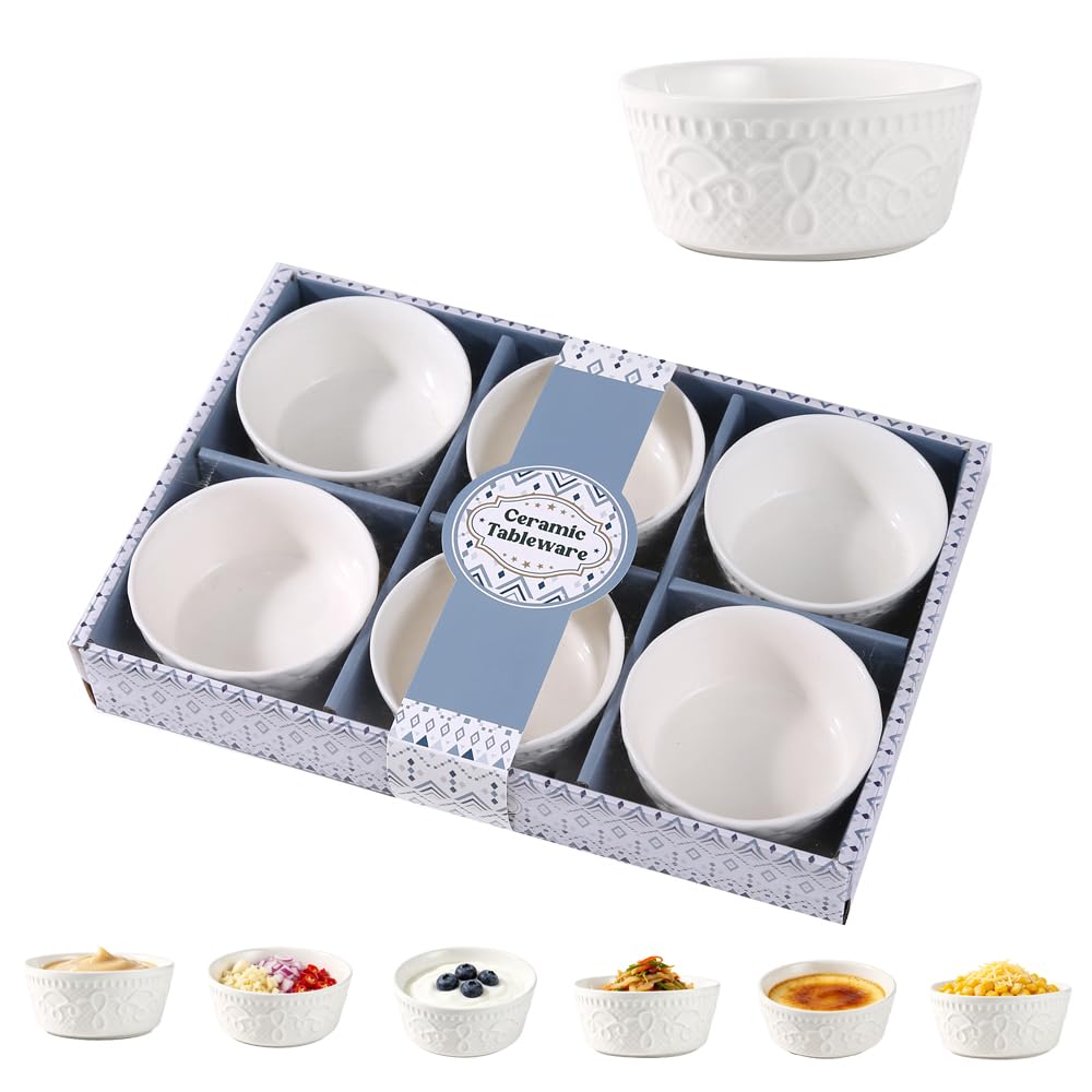 Tanggaogao 6X Ceramic Ramekins 10cm – Oven Safe Embossed Design Dipping Bowls for Salsa, Mayo & Snacks, Multipurpose Prep Dishes with Gift Box – Ideal for Housewarming & Christmas