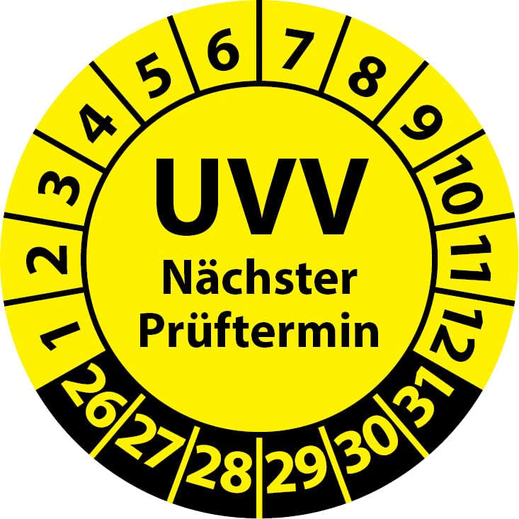 Tabliczka kontrolna UVV, następna data kontrolna, folia winylowa, naklejka kontrolna, etykieta kontrolna, plakat z atestem UV (Ø 30 mm, żółta, 500)