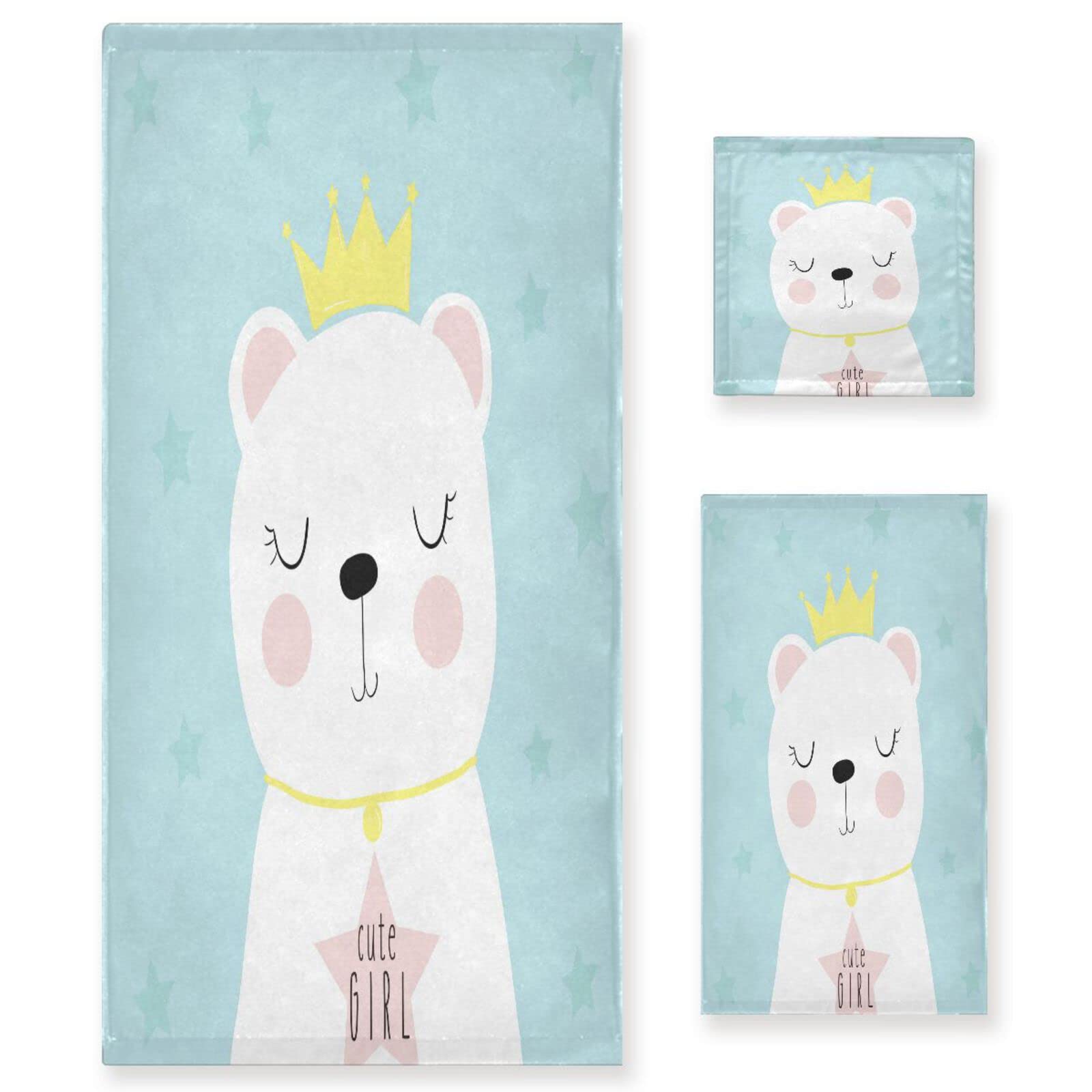 Rey Gato Linda Chica Juego de Toallas para Baño Playa 100% Algodón de Piscina Toalla (1 Toalla de Baño y 1 Toalla de Mano y 1 Paño de Lavado) para Nadar Hotel Niñas Niños Niños