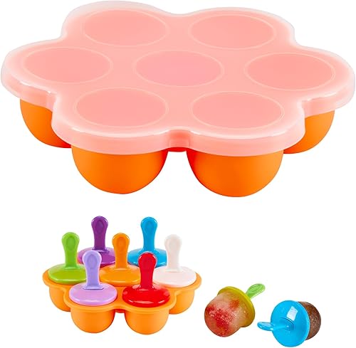 TEIBVG Moldes de silicona para paletas, moldes para paletas de hielo de 7 cavidades, contenedor de almacenamiento de alimentos para bebés con tapa,
