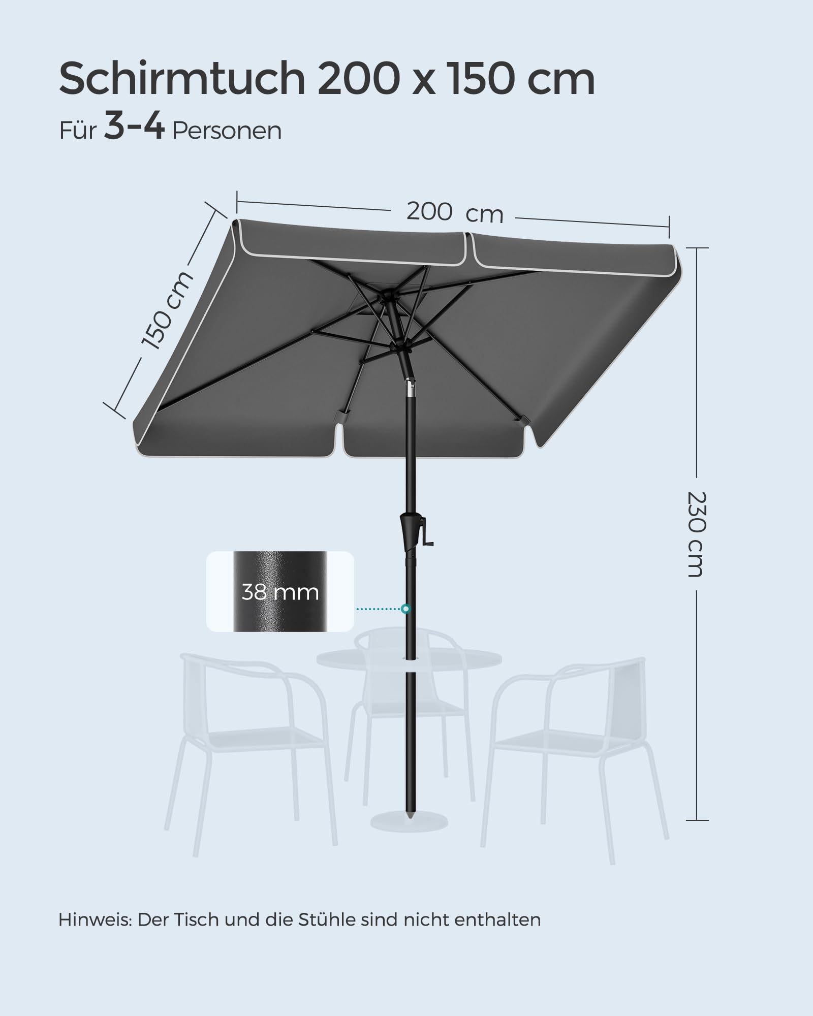 SONGMICS Sonnenschirm 200 x 150 cm, rechteckiger Balkonschirm, Sonnenschutz UPF 50+, beidseitig um 30° knickbar, für Garten, Terrasse, ohne Ständer, grau GPU048G01