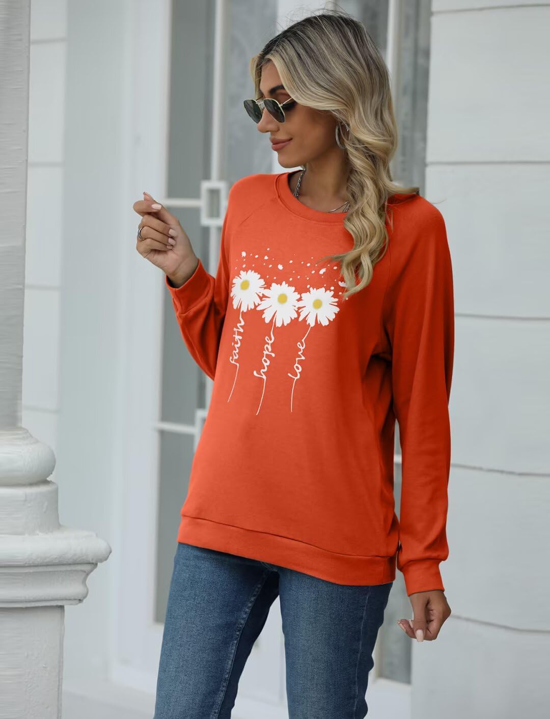 EADINVE Women Crewneck Daisy Print Long Sleeve Sweatshirts Faith-Hope-Love Graphic Tops Casual Loose Fit Pullover Shirts - Image 4