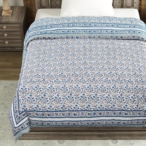 Image of BLOCKS OF INDIA Cotton Single Size Quilt Hand Block Print for Light Winters (60x90 Inches) (Blue Grey JAAL)-300 TC
