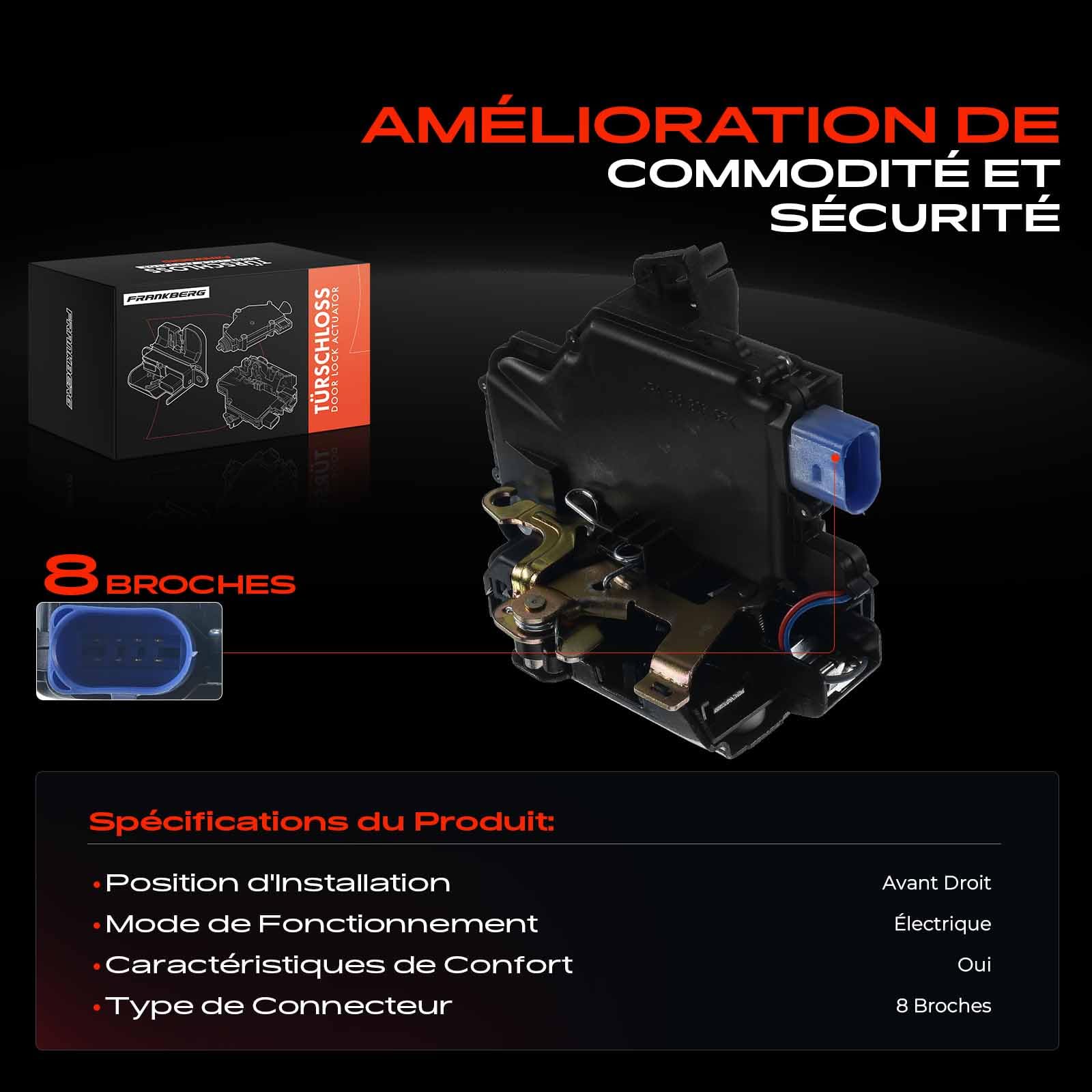 Frankberg Serrure de Coffre Avant droit Compatible avec Ibiza III 6L1 Transporter V Bus 7EB 7EJ 7HB 7HJ M.ultivan V 7EF 7EM 7EN 7HF 7HM 7HN Polo Berline 9A2 9A4 9A6 9N2 Remplacer# 3B1837016BC