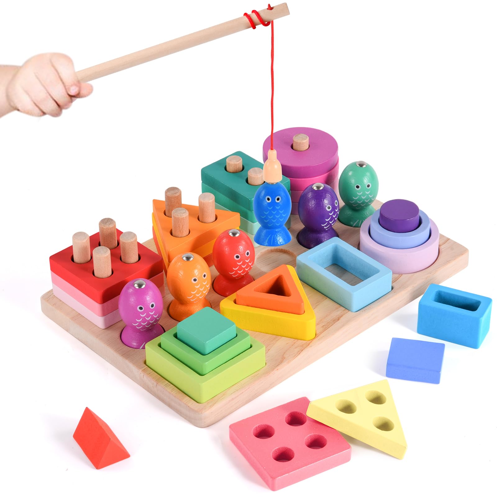 Hoiloie Montessori Spielzeug ab 1 Jahr,holzspielzeug&Stapelspielzeug,3 in 1 Farbe Erkennung Form Sorter Angelspiel,Lernspielzeug Geschenk für 123 Jahre Kleinkind Mädchen Junge