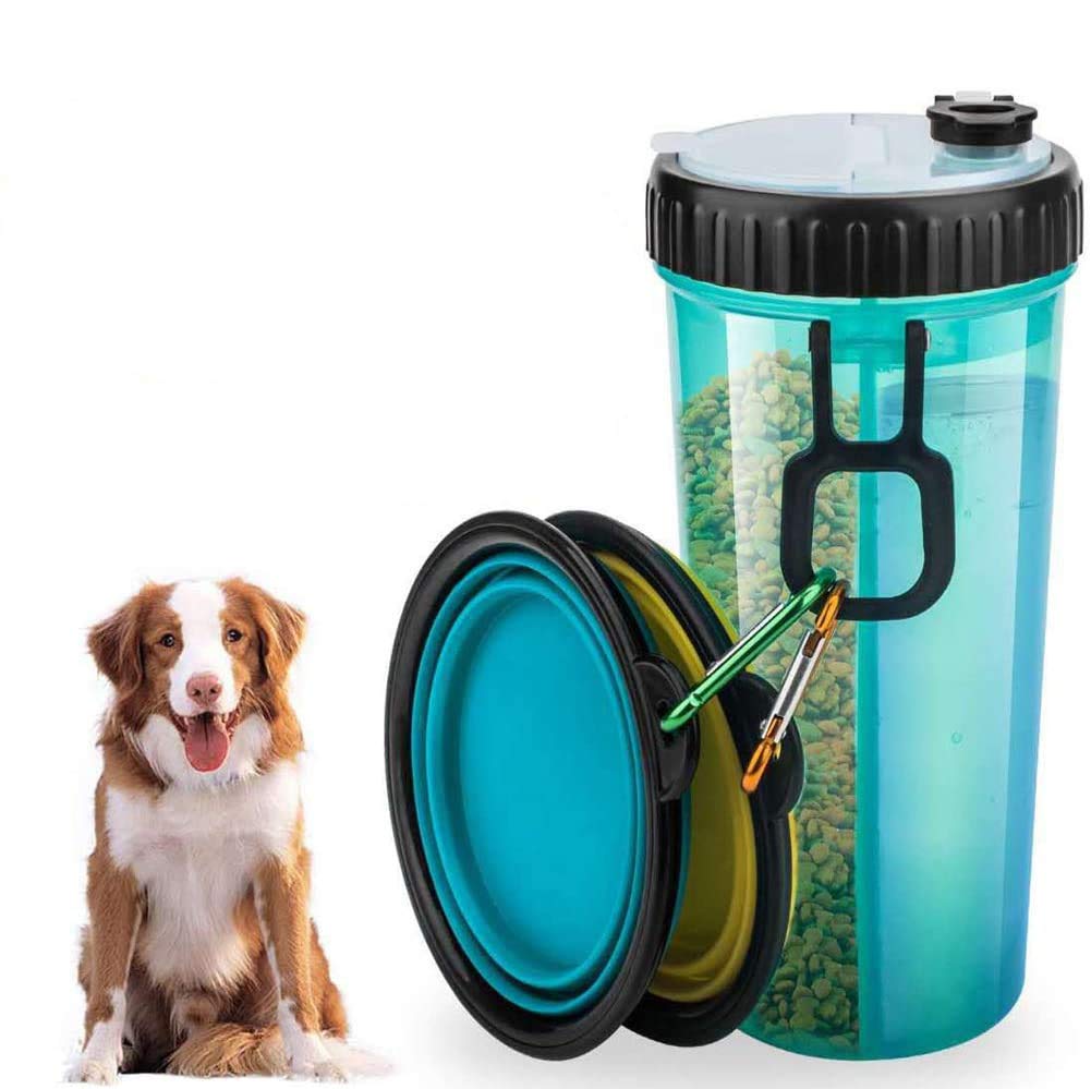 VANDA Pet Travel Water Bottle- Portable Drinking Bottle Feeder Dispenser and Food Container for Travel 2-in-1 Dual Chamber Bottle, with 2 Collapsible Bowls Dogs Cats Feeder Outdoor Travel Take a Walk