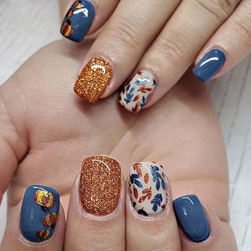 Thanksgiving Press on Nails Short Square Fake Nails Fall Blue