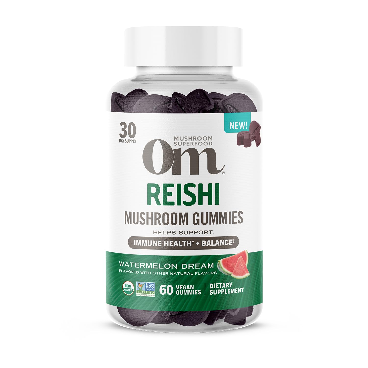 OM MUSHROOM SUPERFOOD Reishi Gummies – USA Grown Organic Mushrooms – Supports Immune Health, Balance & Stress Relief – Watermelon Dream Flavour – 30