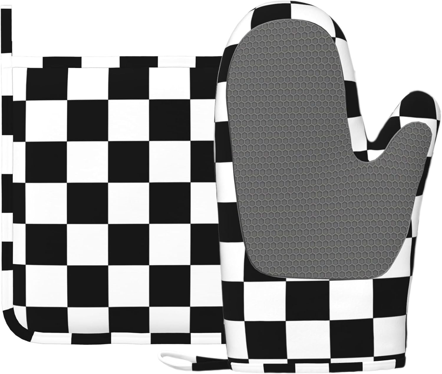 Checkerboard Oven Mitt and Pot Holder with Silicone Heat Resistant Kitchen for Cooking BBQ Baking Grilling Cooking Protection