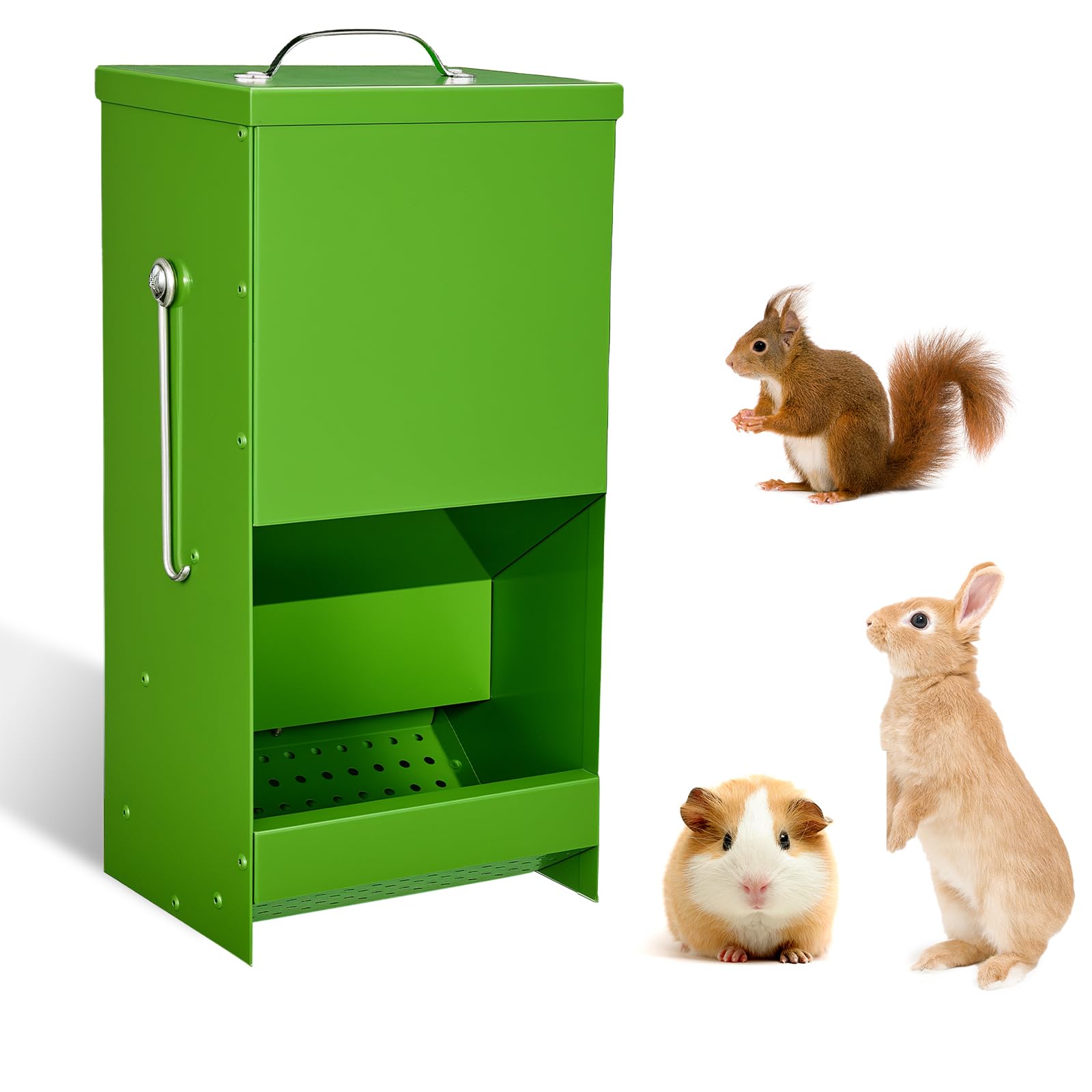 Rabbit Feeders Automatic for Cages,5 Pound Large Metal Trough Feeder with Lid Galvanized Steel Outdoor Bunny Food Dispenser for Rabbits Chicken Guinea Pig Pet and Other Small Animals Green