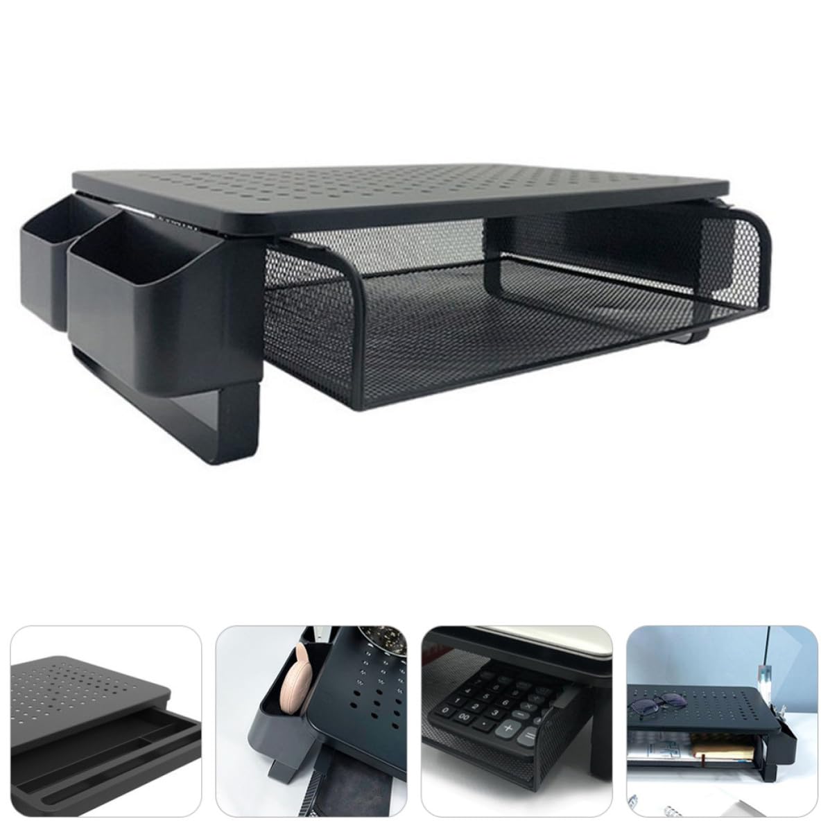 CALLARON Soporte para Monitor, Estante Elevado para Computadora Portátil, Hierro, Panel de Malla Orificios, Negro, Capacidad de Carga Máxima 20kg, Protege las Vértebras Lumbares