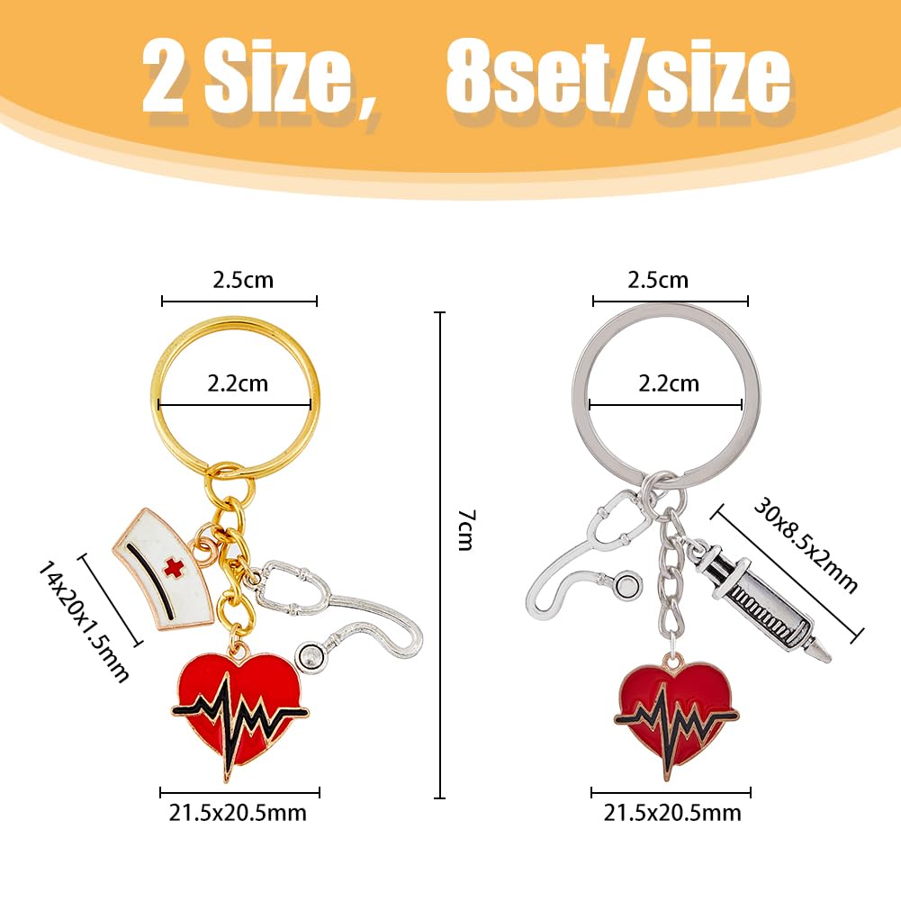16 Set Portachiavi Infermiera con 2 Portachiavi Stile e Cartellini dei Prezzi in Carta Kraft e Sacchetti Regalo in Organza Battito Cardiaco Stetoscopio Cappelli da Infermiera Ciondolo per
