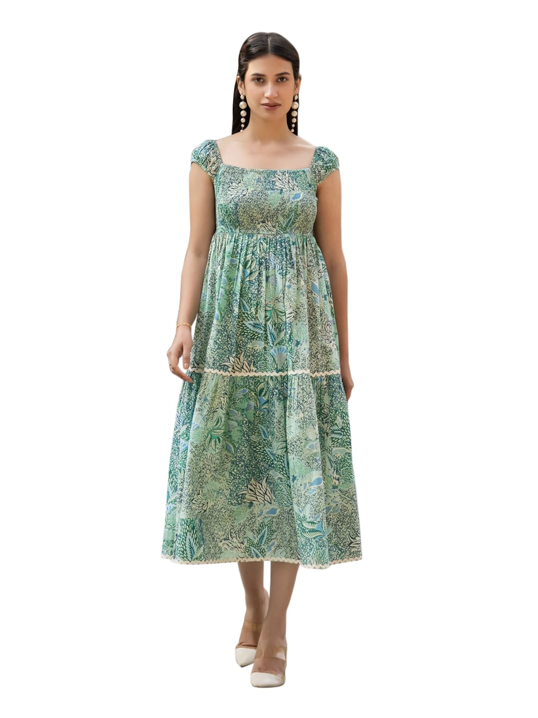 Women Fit And Flare Leaf Print Cotton Midi Dress-image-37