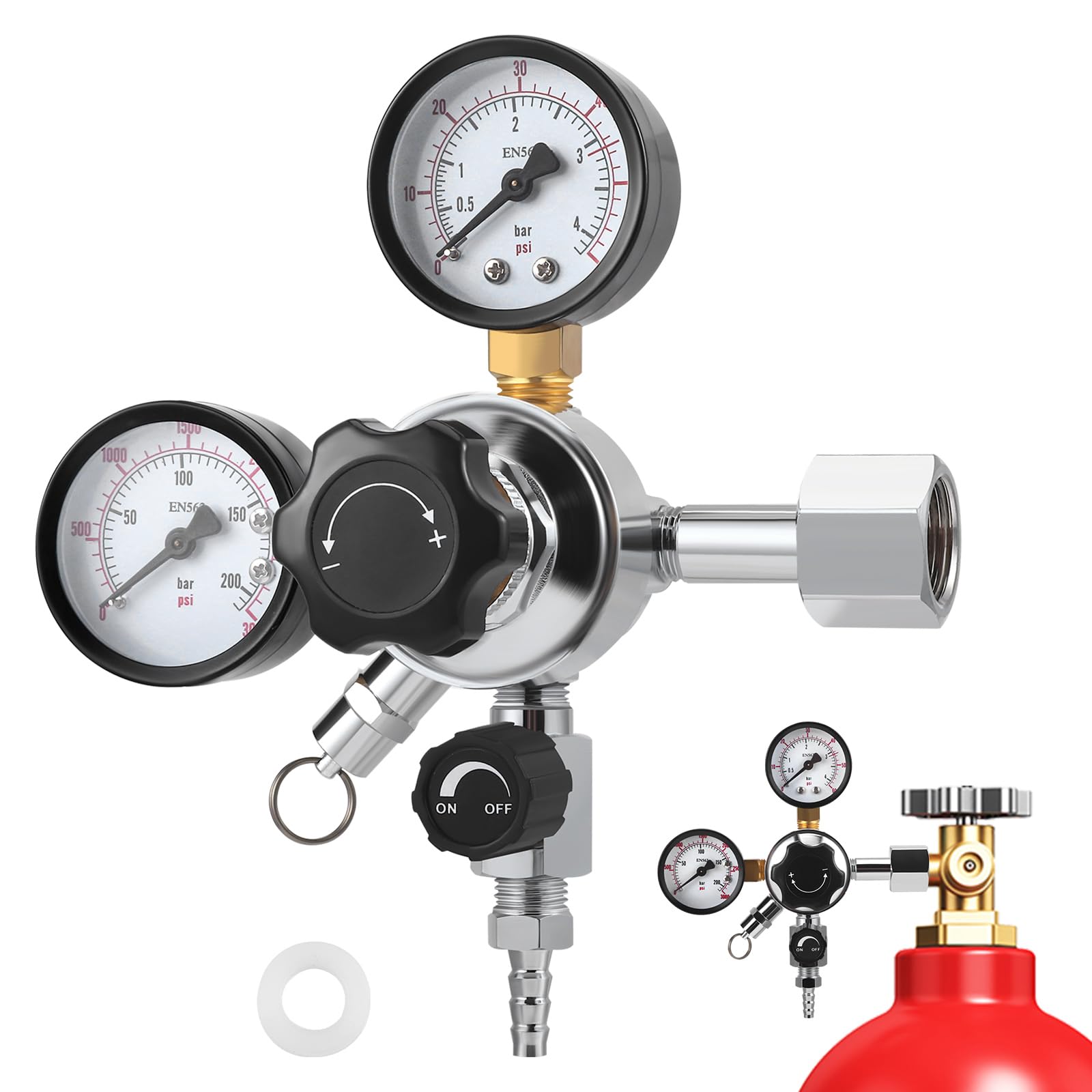 Regulador de CO2, Válvula Reguladora de Presión CO2 de Barril de Cerveza, Regulador de CO2 Profesional Reutilizable, Regulador de Presión con Rosca W21.8 y Doble Manómetro para Máquina de Cerveza
