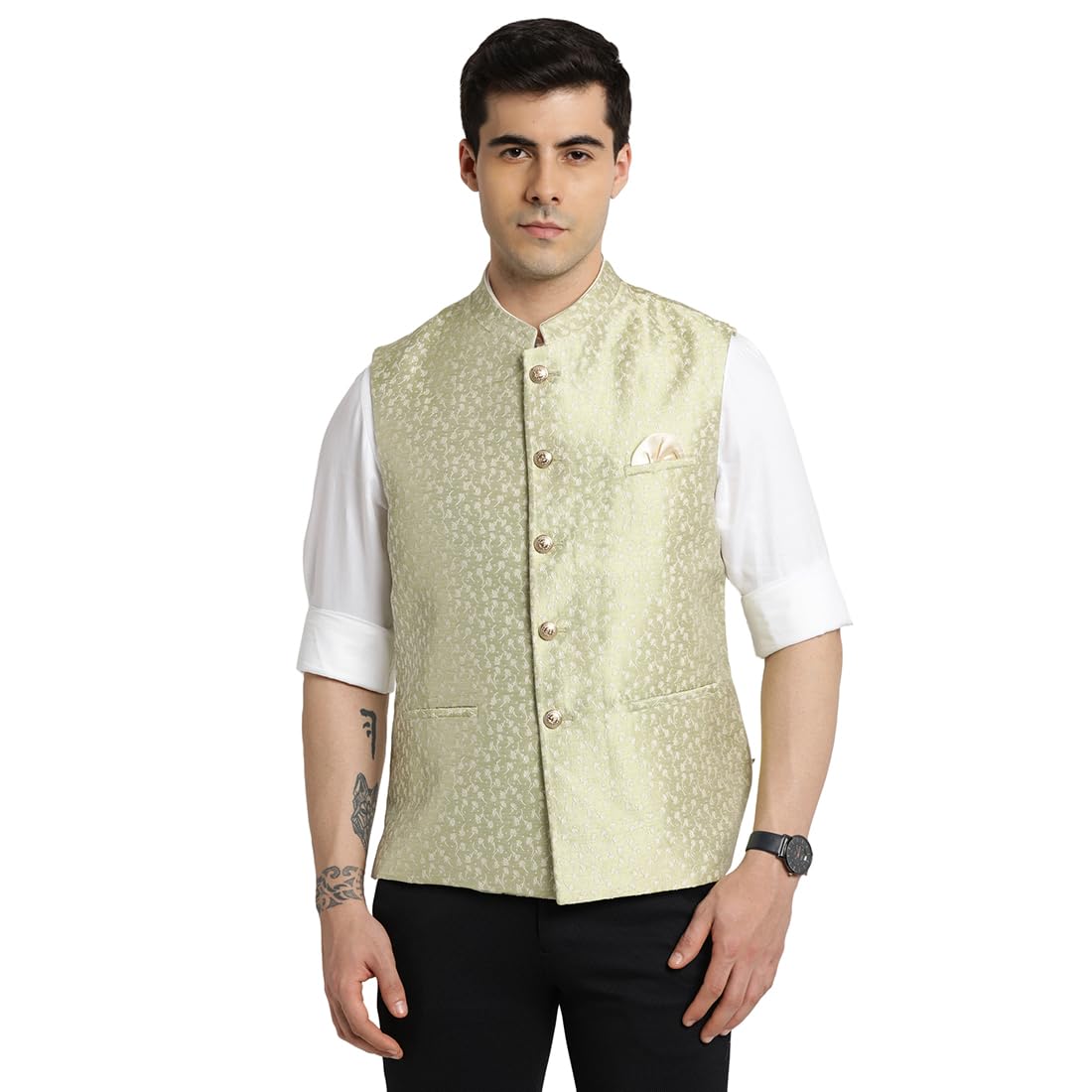 turtle Men Polyster Light Green Dobby Print Formal Nehru Jacket-picture-23