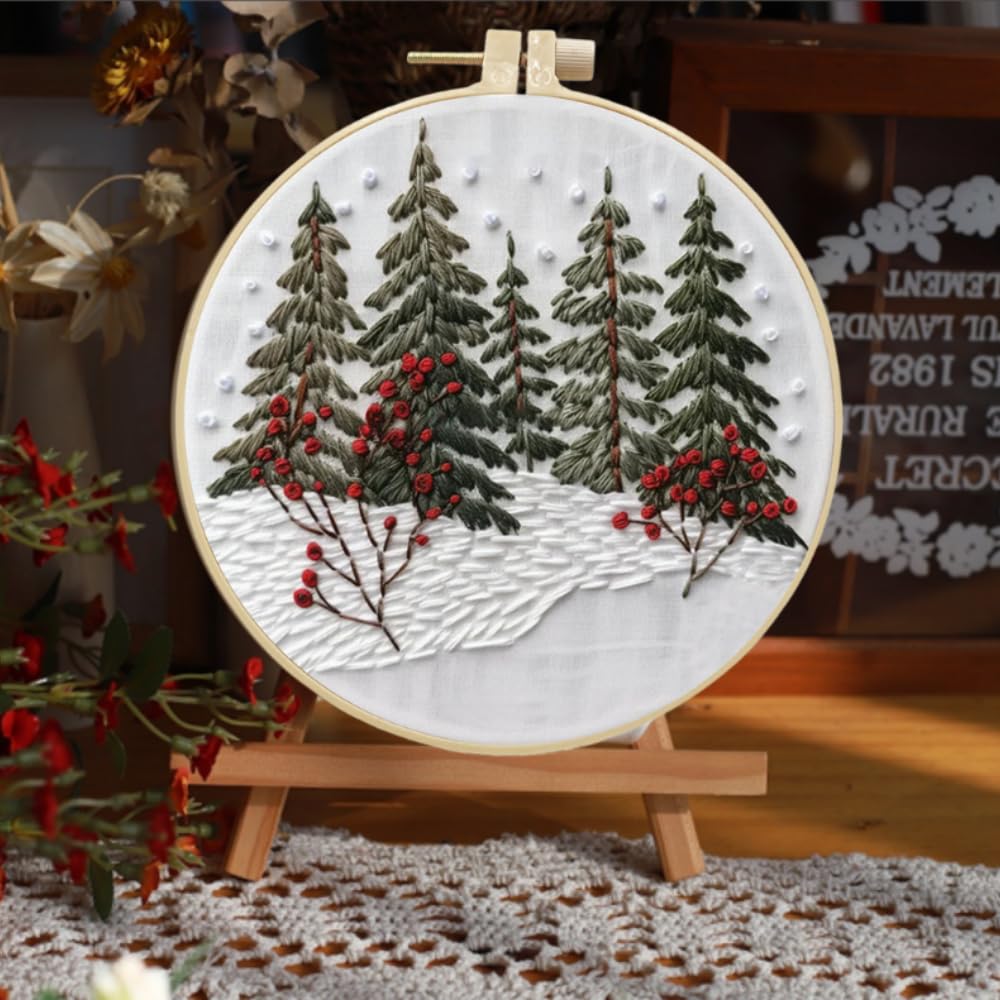 Gofission Zestaw do haftowania dla dorosłych, początkujących, śnieżne sosny, wstępnie zadrukowany zestaw tkanin z akcesoriami do dekoracji domu (drzewa)