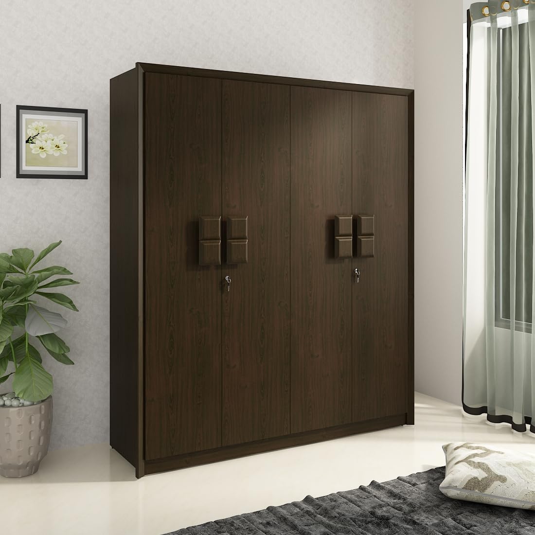 Spacewood Choco Wardrobe | 3 Year Warranty | Almirah, Cupboard, Almari, 4 Door Wardrobe, 3 Drawer (3 Lock Drawer) and 2 Hanging Space & 3 Internal Locker |Engineered Wood| Vermount-image-3