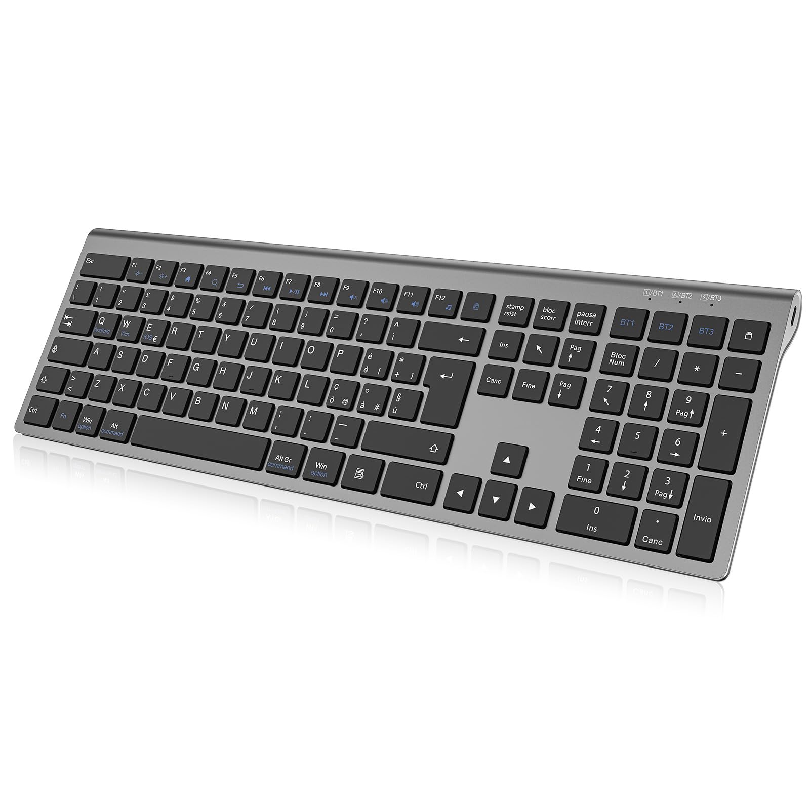 cimetech Tastiera wireless Bluetooth, Tastiera wireless ricaricabile multi-dispositivo con connessione facile fino a 3 dispositivi - Layout italiano, tasti silenziosi Compatibile con Mac, Windows, iOS