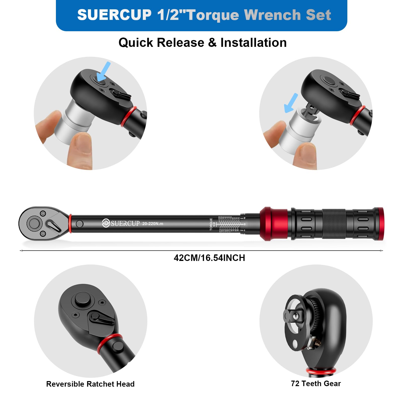 SUERCUP 6-częściowy zestaw kluczy dynamometrycznych 1/2 cala 20-220 NM, dokładność błędu ±3%, z nasadkami nasadowymi (17/19/21/23 mm), drążek przedłużający 75 mm, do roweru, motocykla, samochodu i