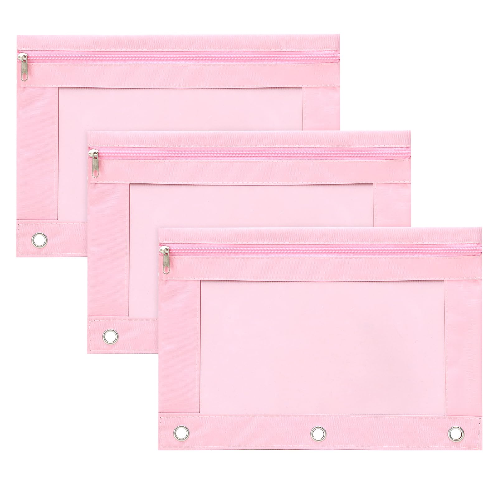 EOOUT 3 Pack Pencil Pouches for 3 Ring, Binder Pencil Pouches with Clear Window Zipper Pencil Cases for Binder (Pink)
