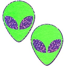 PASTEASE Nipple Pasties - Alien Glow in the Dark Green & Purple Glitter Eyes - Festival Rave EDM Party or Club Aesthetic Outfit Accessory