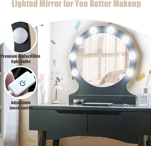 Miniatura 4 de Giantex Juego de mesa de tocador con 8 bombillas e interruptor táctil, tocador princesa para niñas con espejo redondo grande, 2 cajones deslizantes
