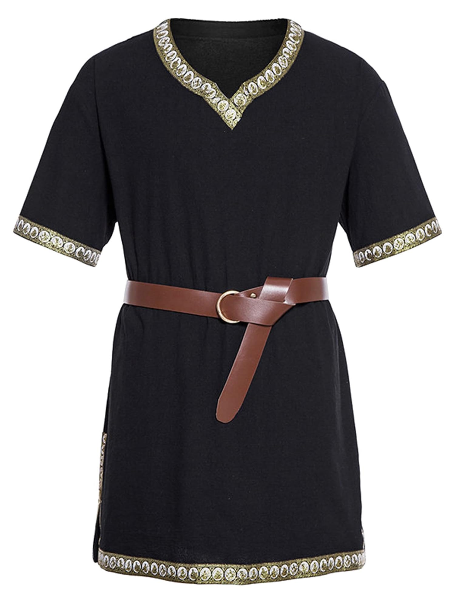 Springcmy Men Medieval Costume Renaissance Templar Tunic Viking Knight Pirate Vintage Warrior Halloween Cosplay Party Tops (Black, XL)