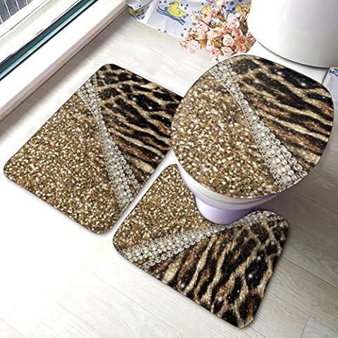 Meiya-Design Beautiful Chic Girly Leopard Animal Faux Fur Print Bathroom Rug Mats Set 3 Piece - Soft Shower Bath Rugs - Contour Mat and Toilet Lid Cover - Perfect Combination of Luxury and Comfort Cover