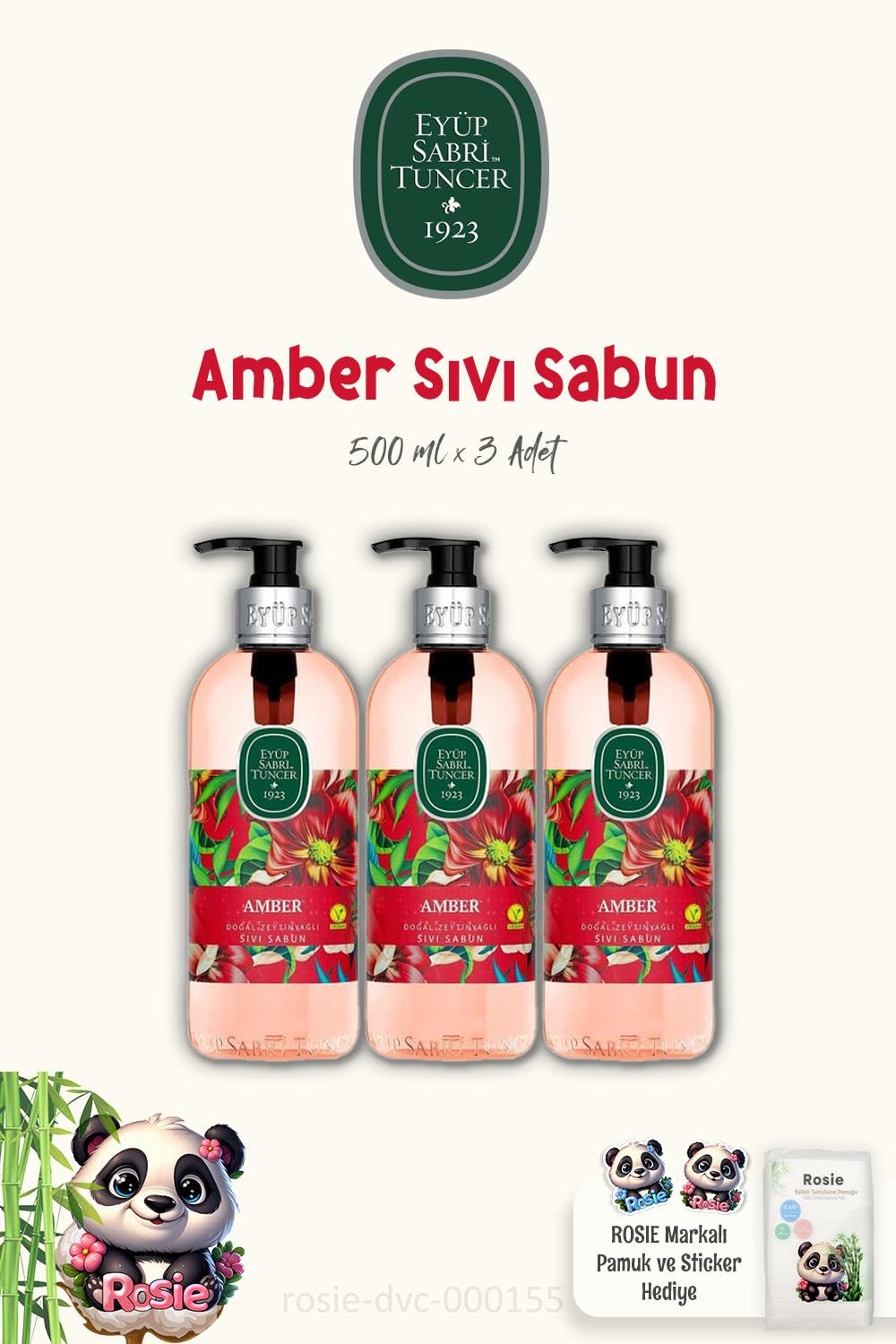 Eyüp Sabri Tuncer 3 Adet Amber Sıvı Sabun 500 ml ve ROSIE%100 Doğal Pamuk