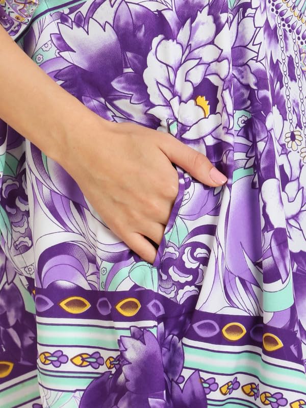 Image of Miss Lavish London Swimwear Cover ups Kaftan Dresses for Women Ethnic Print V Neck, Beach Coverups Plus Size, Side Slit & Pockets on Both Sides, Womens Beach Resort Wear-Purple-XL