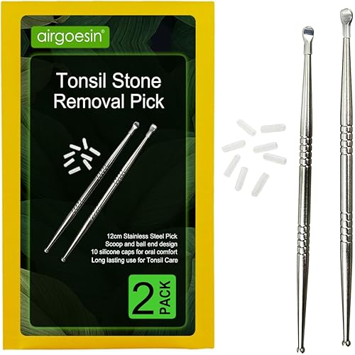 Airgoesin 2 piezas de eliminación de piedras de amígdala Tonsilolith herramienta premium limpiador oral de acero inoxidable con 10 tapas de silicona