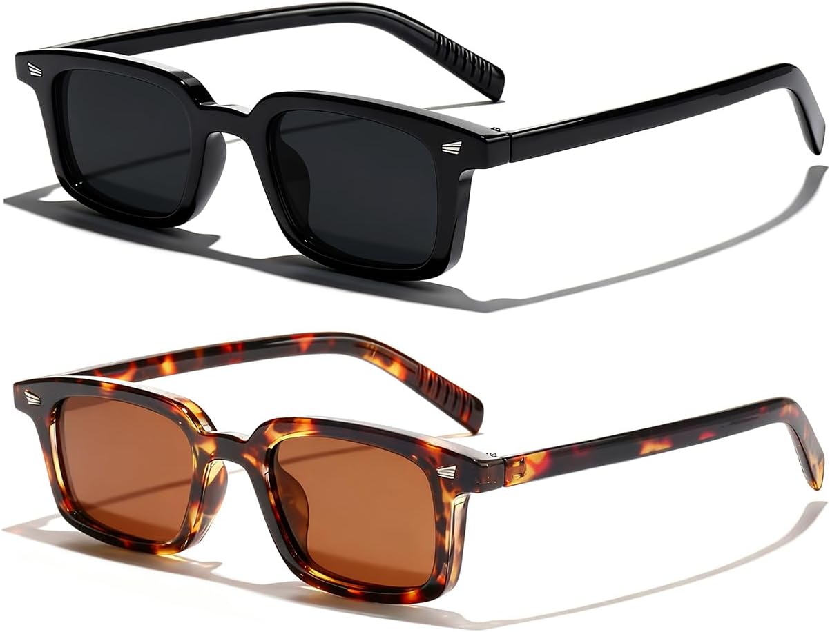 Retro Rectangle Sunglasses for Women Men Small Narrow Frame 90s Vintage Style Sun G...