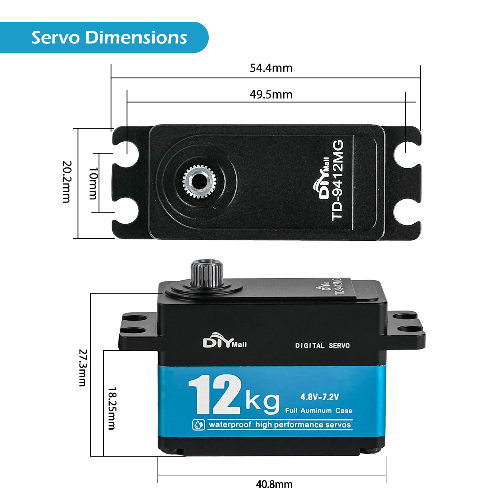 TD-9412 12KG Servo a basso profilo Full Metal High Torque RC Digital Servo 180 ° IP67 impermeabile Servo ad alta velocità per 1/10 RC Car