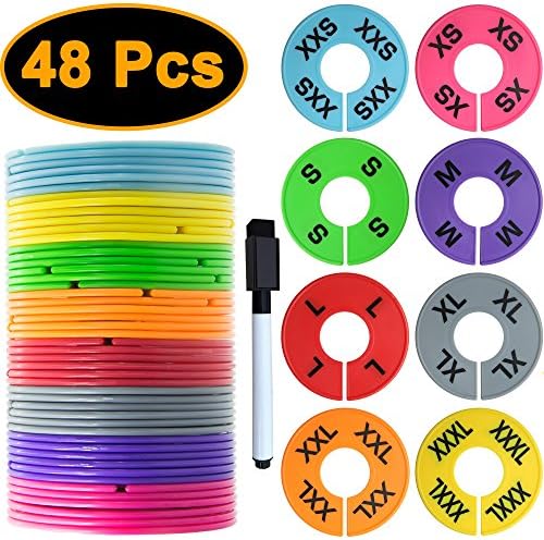 Velya 48 Piece 8 Colors Clothing Size Dividers Round Hangers - Bonus Marker Pen - 1 Blank & 5 Printed Closet Dividers per Color - Ultra Durable Clothes Rod Organizers for Kids & Adults (XXS - XXXL)