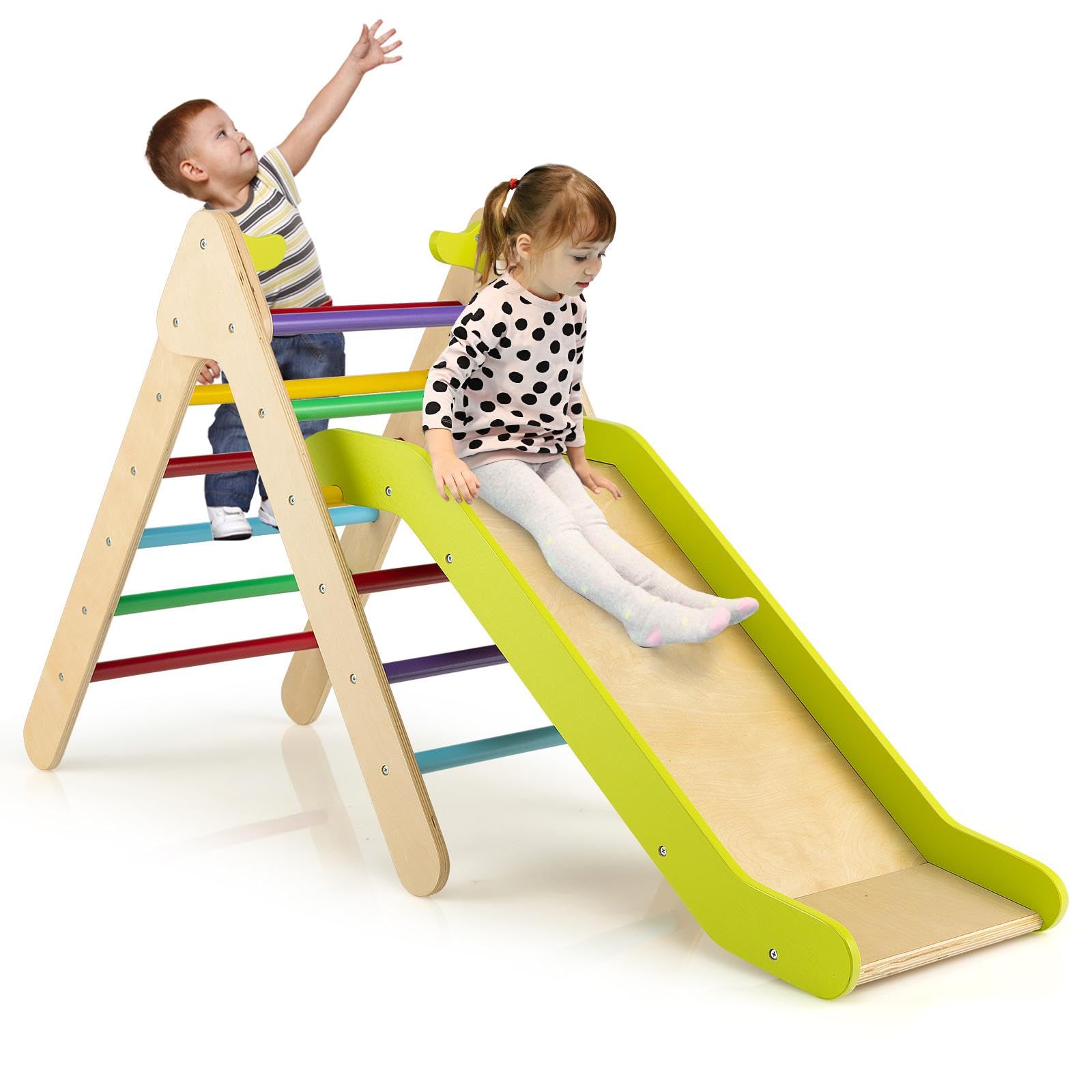 DREAMADE Triangle d'escalade avec Toboggan en Bois 3 en 1 Jouet Montessori pour Grimper & Glisser Convient à Enfants 1+ Ans (Multicolore)