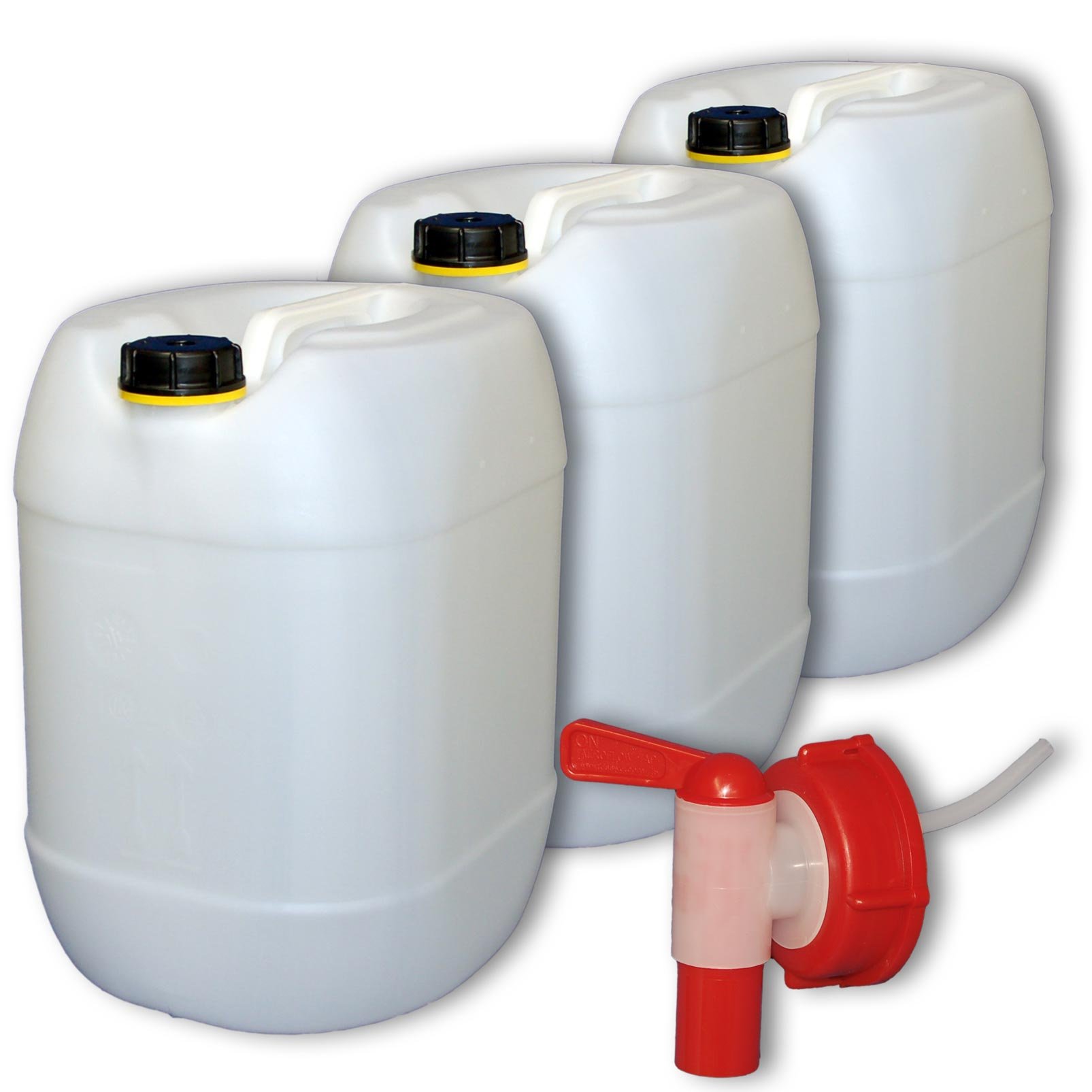 Lot de 3 : 3x30 litres de boissons et d'eau potable Réservoir d'eau avec 1 robinet et 3 couvercles vissés | Convient pour aliments | Sans BPA | Portable | Intérieur et extérieur