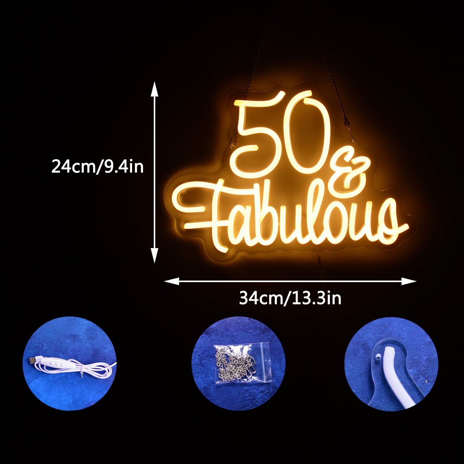 Neonowy znak "Fifty Years Old", 50 lat, na 50. rocznicę ślubu, urodziny, przyjęcie, dekoracja, ciepła biel, światło LED dla żony, mamy, córki, siostry, cioci, najlepszych przyjaciół, przyjaciółek,